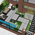 Courtyard Garden Featuring Sunset Sky Black Iron Fence Lush Plants Round Lighting And Illuminated Steps