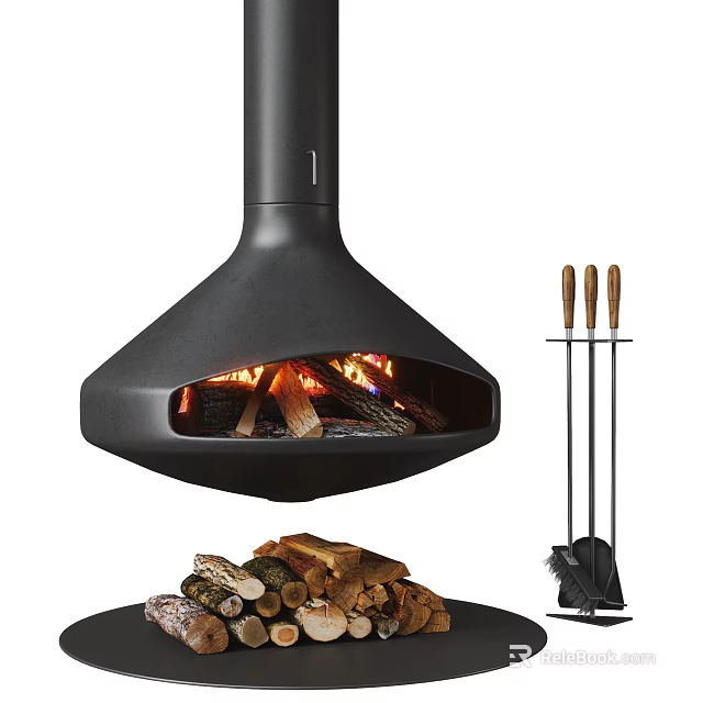 Modern Black Hanging Fireplace With Burning Logs And Fireplace Tools 3d model
