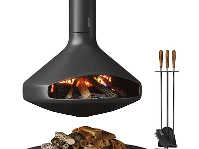Modern Black Hanging Fireplace With Burning Logs And Fireplace Tools 3d model