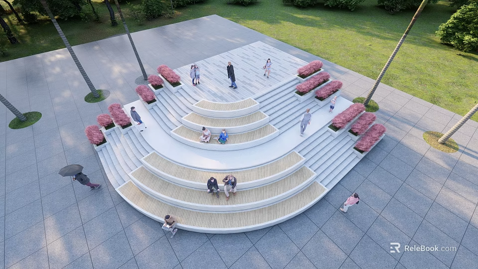 Circular Staircase with Red Benches People Resting Walking on Gray Stone Pavement by Grass Trees 3d model 