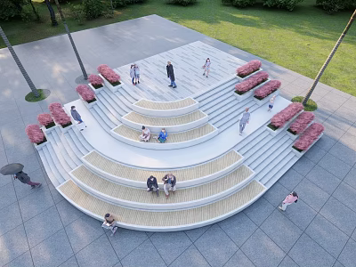 Circular Staircase with Red Benches People Resting Walking on Gray Stone Pavement by Grass Trees 3d model