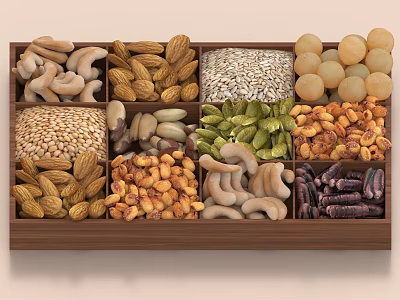 A Collection of Assorted Nuts and Seeds in Wooden Tray 3d model