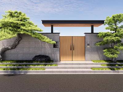 Courtyard Garden Entrance With Wooden Gate Gray Stone Walls Overhead Canopy And Pruned Pine Trees 3d model
