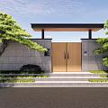 Courtyard Garden Entrance With Wooden Gate Gray Stone Walls Overhead Canopy And Pruned Pine Trees