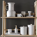 Modern Natural Wood Shelving Unit With Towels Woven Baskets And Storage Jars