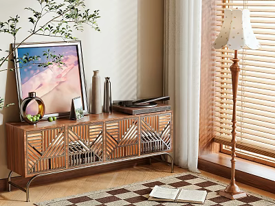 Modern Wooden TV Stand With Decorative Painting Potted Plant Floor Lamp And Checkerboard Rug 3d model