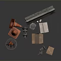 Rusty Industrial Equipment With Metal Barrel Orange Cones Toolbox And Cardboard Boxes
