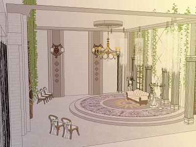 Religious Worship Space With Circular Platform Sofa Columns Chandelier And Green Plants 3d model