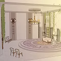 Religious Worship Space With Circular Platform Sofa Columns Chandelier And Green Plants