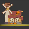 Rustic Country Cottage With Red Roof White Walls And Windmill Decorated With Pumpkins