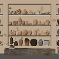 Decorative Ceramic Vessels Of Various Shapes Arranged On Shelves With Beige Wall And Wooden Platform