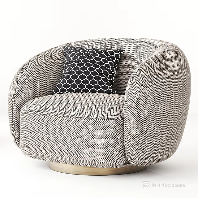 Light Gray Herringbone Accent Chair With Black Geometric Pillow And Gold Round Base 3d model 
