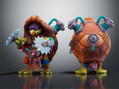 Game Movie Turtle Character with Purple Headband Weapon and Orange Mechanical Shell 3d model