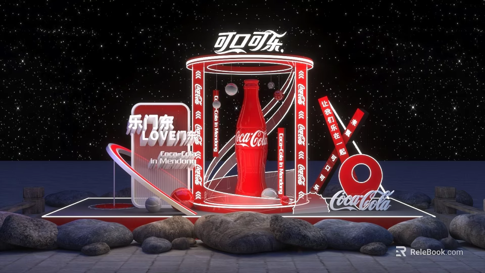 Coca-Cola 130th Anniversary Photo Spot With Neon Red Decorations And Bottle 3d model 