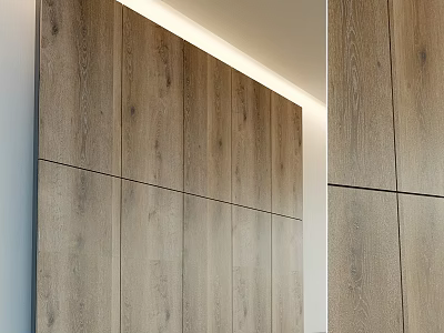 Modern Wooden Wall Decor with Spliced Panels and Built in Light Strip Design 3d model