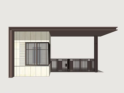 Modern Entrance Gate Design With Brown Roof Structure Metal Railing And Light Colored Wall 3d model