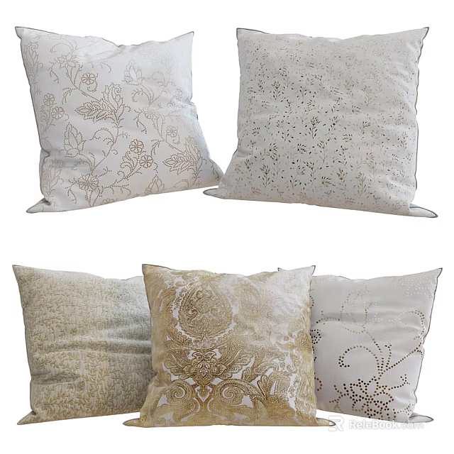 Stylish Decorative Throw Pillows With Floral Dot And Intricate Patterns In Beige Gold Tones 3d model 