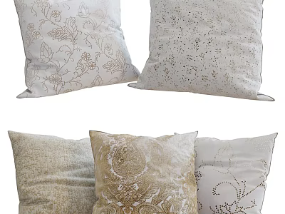 Stylish Decorative Throw Pillows With Floral Dot And Intricate Patterns In Beige Gold Tones 3d model