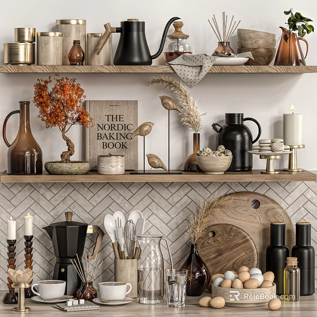 Nordic Style Kitchen Shelves With Kitchenware And Decor 3d model 