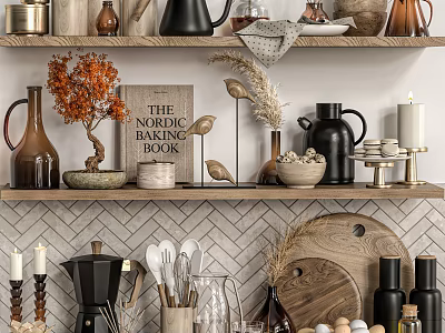 Nordic Style Kitchen Shelves With Kitchenware And Decor 3d model