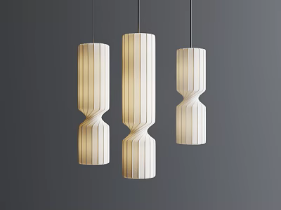 Three Modern Pendant Lights With Curved Vertical Striped Wooden Design On Grey Background 3d model