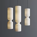 Three Modern Pendant Lights With Curved Vertical Striped Wooden Design On Grey Background