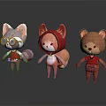 Cute Game Movie Characters Gray Fox With Goggles Orange Fox in Red Hood Brown Bear