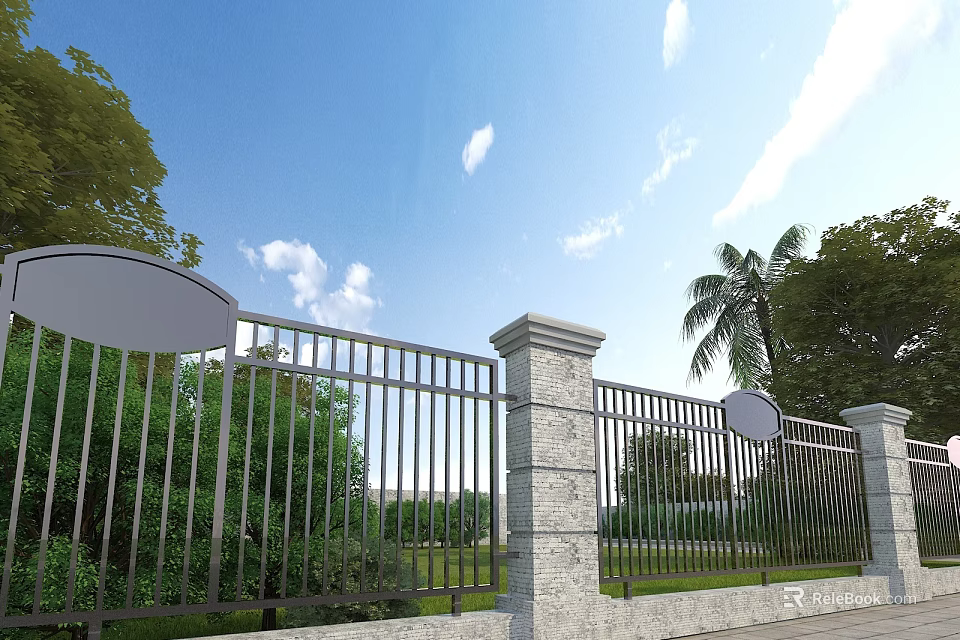 Road Facility With Metal Fence Stone Pillars Circular Signs Palm Trees And Green Vegetation 3d model 