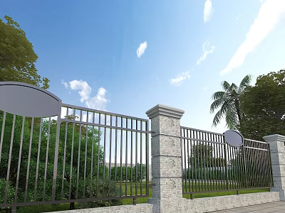 Road Facility With Metal Fence Stone Pillars Circular Signs Palm Trees And Green Vegetation 3d model