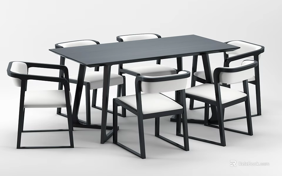 Modern Minimalist Dining Set With Black Table And White Cushioned Chairs 3d model