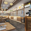 Asian Style Restaurant Interior With Wooden Elements Lanterns Menu Display And Dining Tables 3d model