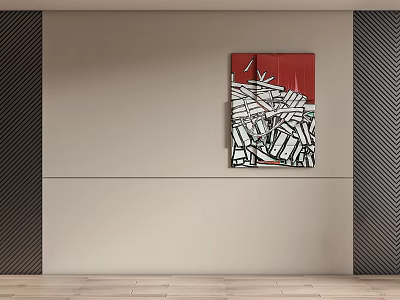 Beige Background Wall With Red And Black White Abstract Painting And Dark Herringbone Panels 3d model