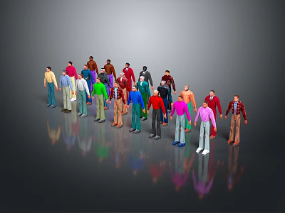 Group of people in various colored clothes standing against gray background with reflections 3d model