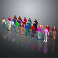 Group of people in various colored clothes standing against gray background with reflections