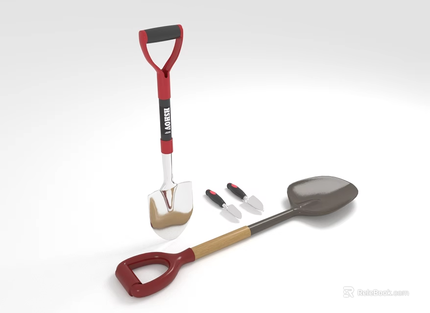Various Hardware Tools Including Shovel Trowel And Small Tools With Red And Black Handles 3d model 