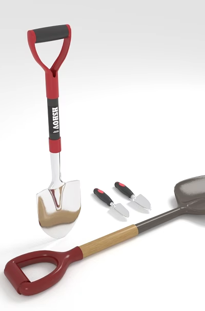 Various Hardware Tools Including Shovel Trowel And Small Tools With Red And Black Handles 3d model