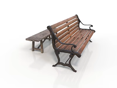 Classic Wooden Bench With Metal Armrests And Small Wooden Stool Furniture Set 3d model