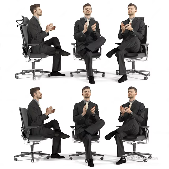 Professional Man In Suit Clapping With Different Poses On Office Chair 3d model 