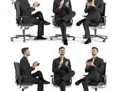 Professional Man In Suit Clapping With Different Poses On Office Chair 3d model