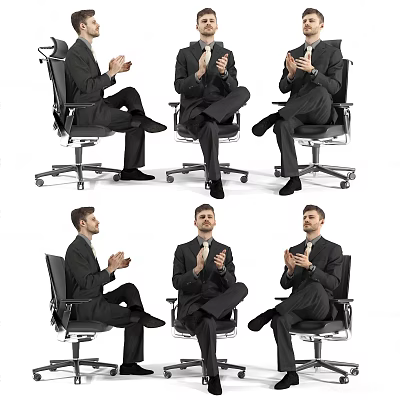 Professional Man In Suit Clapping With Different Poses On Office Chair 3d model
