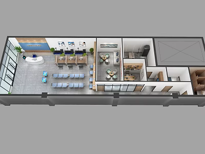 Service Hall Interior Design With Waiting Area Seats Reception Desk Plants And Display Screens 3d model