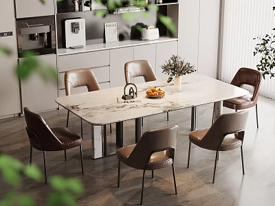 Modern Dining Area With Marble Table Brown Leather Chairs Vase Fruit Plate And Green Plants 3d model