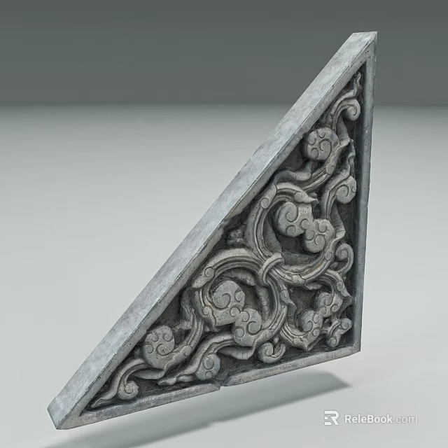 Exquisite Stone Triangular Carving with Intricate Cloud Motifs and Vine Designs 3d model