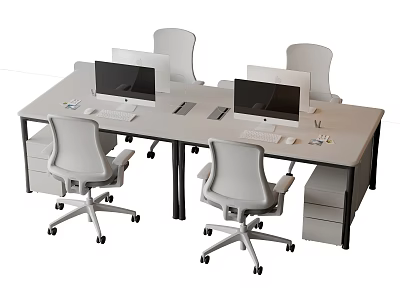 Modern Office Desk Workstation Interior With Two Computers Four Chairs And Drawer Cabinets 3d model