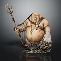Fat Fantasy Character Holding Trident With Tattered Clothes And Net