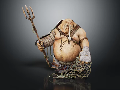 Fat Fantasy Character Holding Trident With Tattered Clothes And Net 3d model
