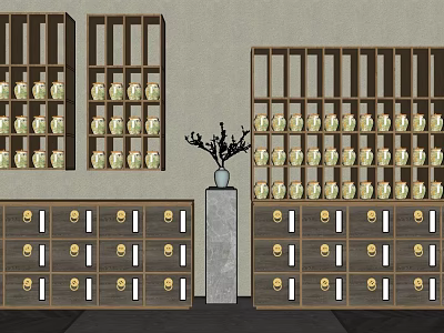 Wooden Storage Cabinets with Drawers and Shelves Holding Organized Items and Central Decorative Vase 3d model