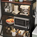 Black Multi Layer Kitchen Side Cabinet Shelf With Microwave Fruits Jars And Tableware 3d model