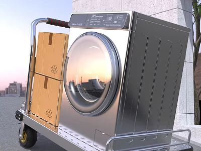Silver Front Load Washing Machine On Hand Truck With Cardboard Boxes In Urban Area 3d model
