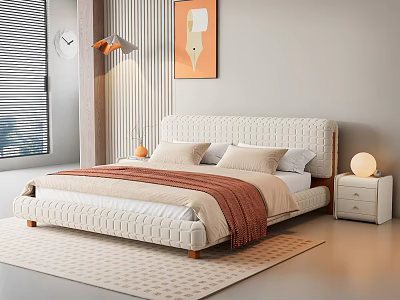 Modern Bedroom Interior Double Bed With Beige Headboard Brown Blanket Bedside Table And Rug 3d model